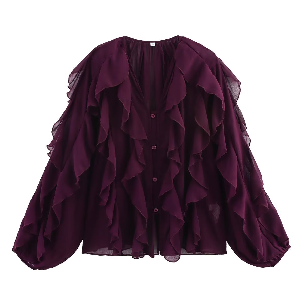 Cascading Ruffle Sheer Button Front Shirt - Red