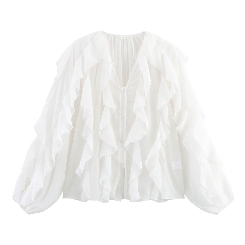Cascading Ruffle Sheer Button Front Shirt - White