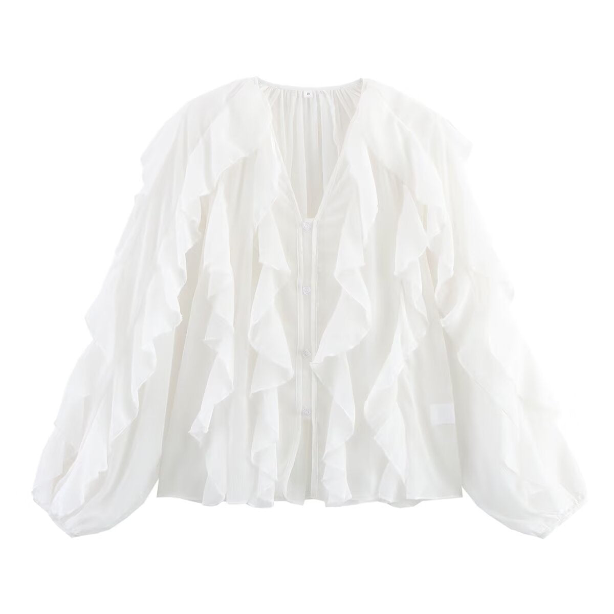 Cascading Ruffle Sheer Button Front Shirt - White