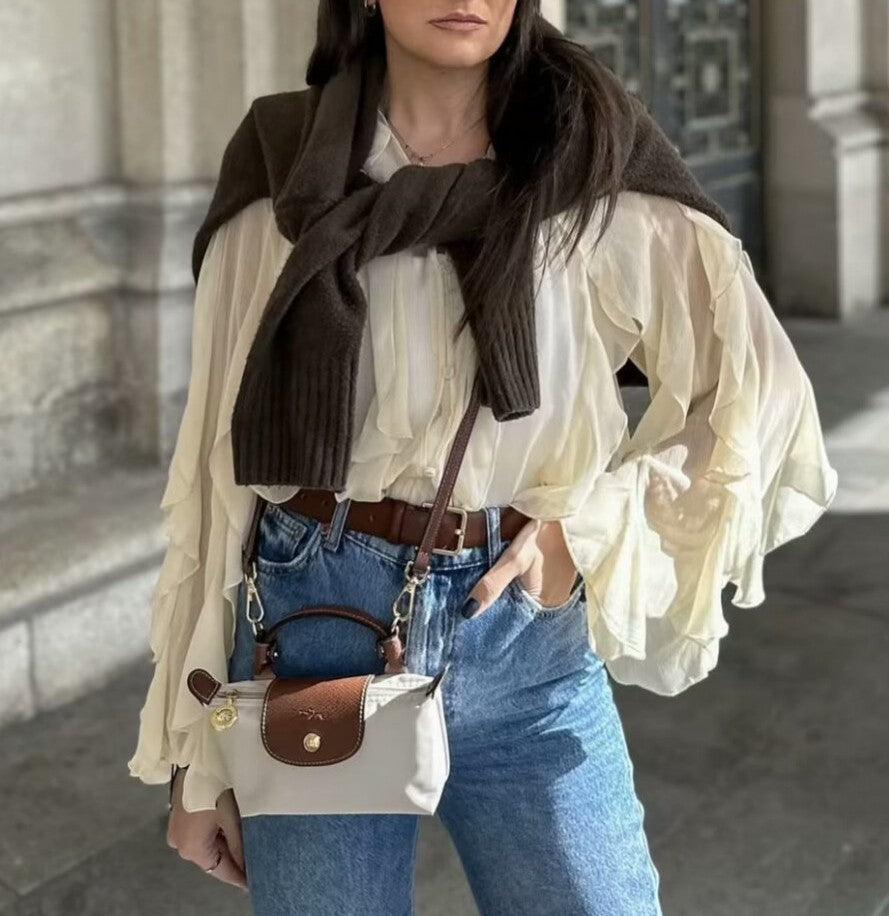 Cascading Ruffle Sheer Button Front Shirt