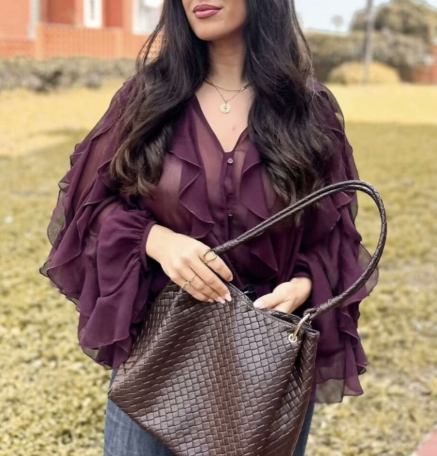 Cascading Ruffle Sheer Button Front Shirt - view 6