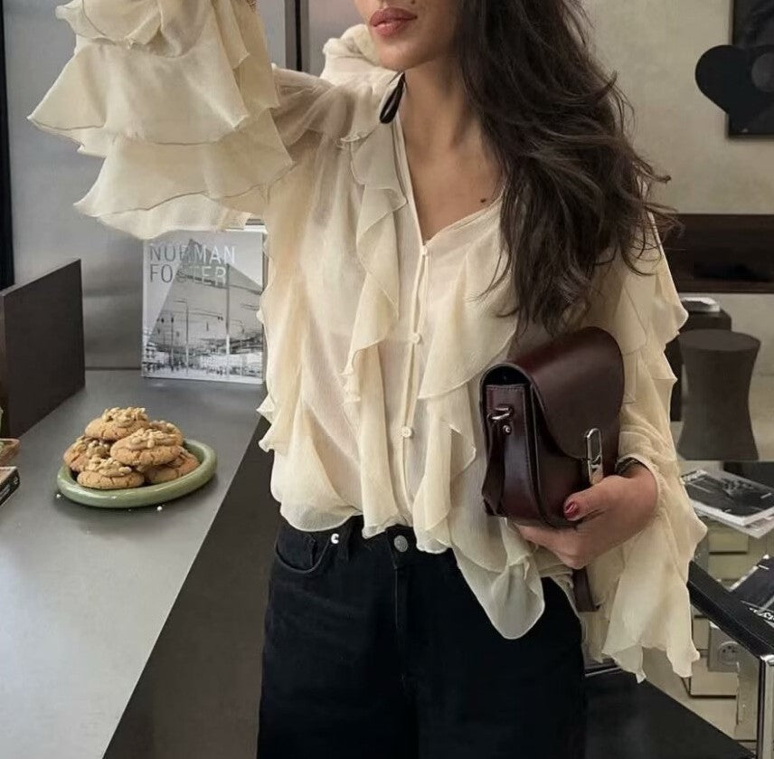 Cascading Ruffle Sheer Button Front Shirt - view 7