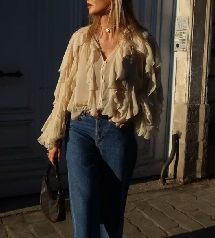 Cascading Ruffle Sheer Button Front Shirt - view 8