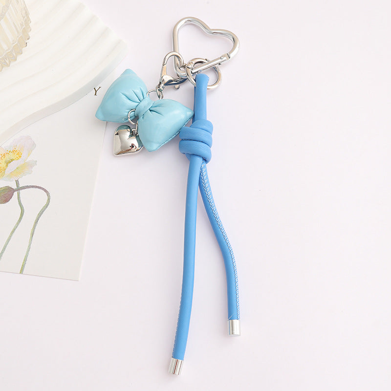 Leather Bow Keyring With Heart Charm - Blue