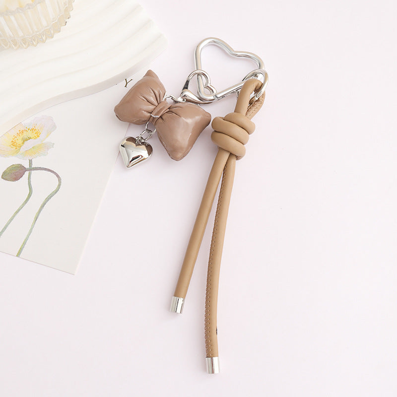 Leather Bow Keyring With Heart Charm - Brown
