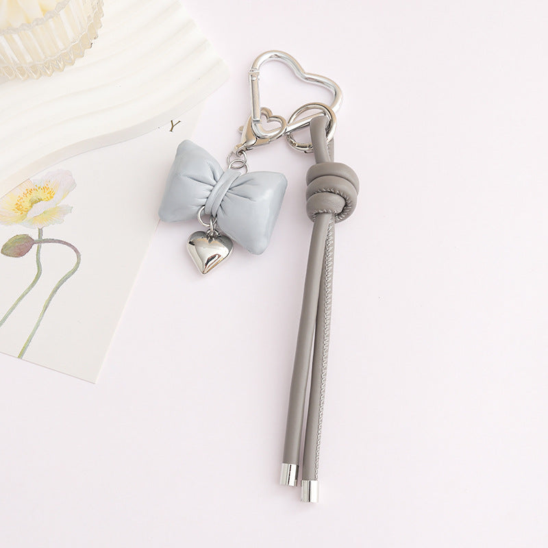 Leather Bow Keyring With Heart Charm - Grey