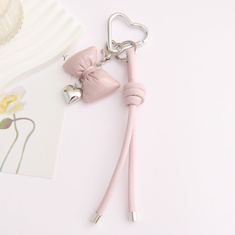 Leather Bow Keyring With Heart Charm - LightPink