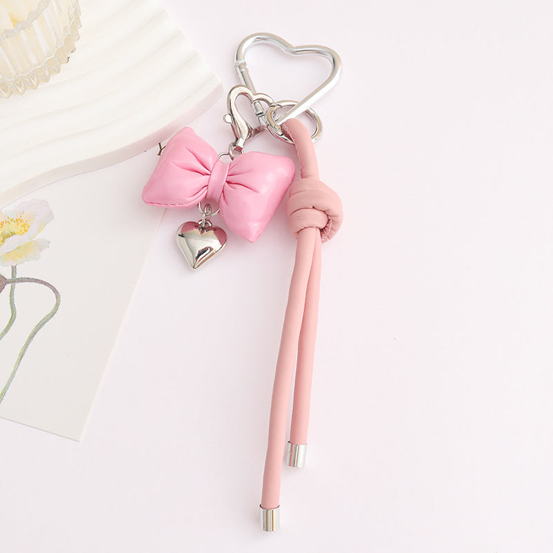 Leather Bow Keyring With Heart Charm - Pink