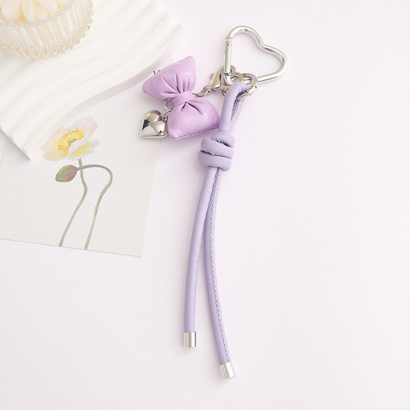 Leather Bow Keyring With Heart Charm - Purple