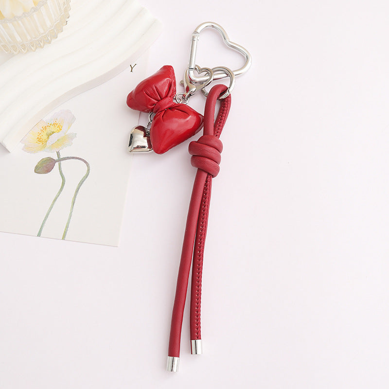 Leather Bow Keyring With Heart Charm - Red
