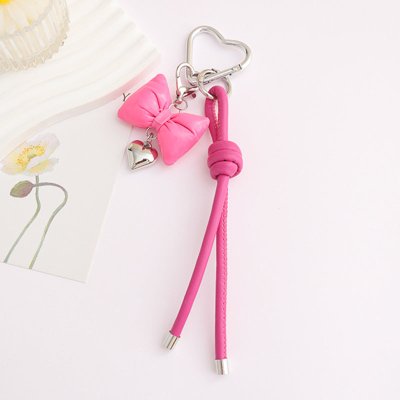 Leather Bow Keyring With Heart Charm - Rose