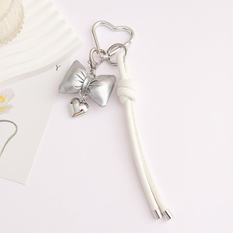 Leather Bow Keyring With Heart Charm - Silver