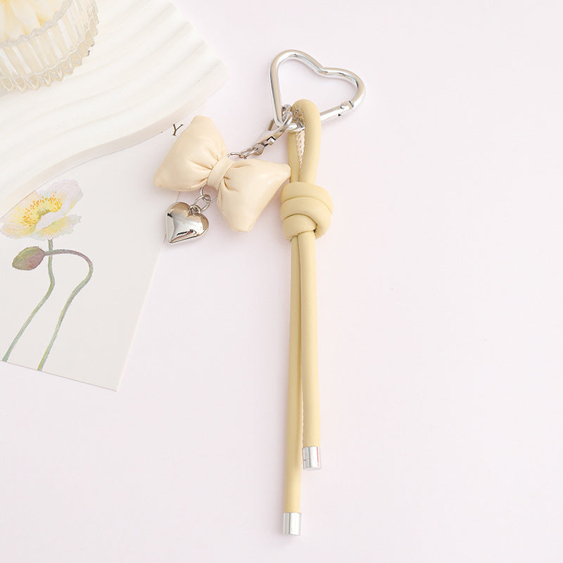 Leather Bow Keyring With Heart Charm - Yellow