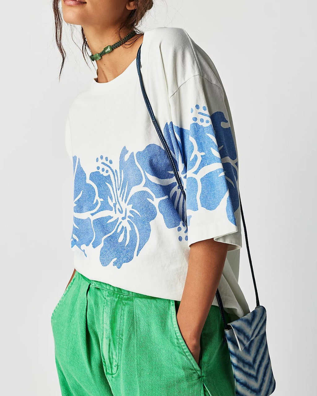 Oversized Hibiscus Print Drop Shoulder Tee - Blue