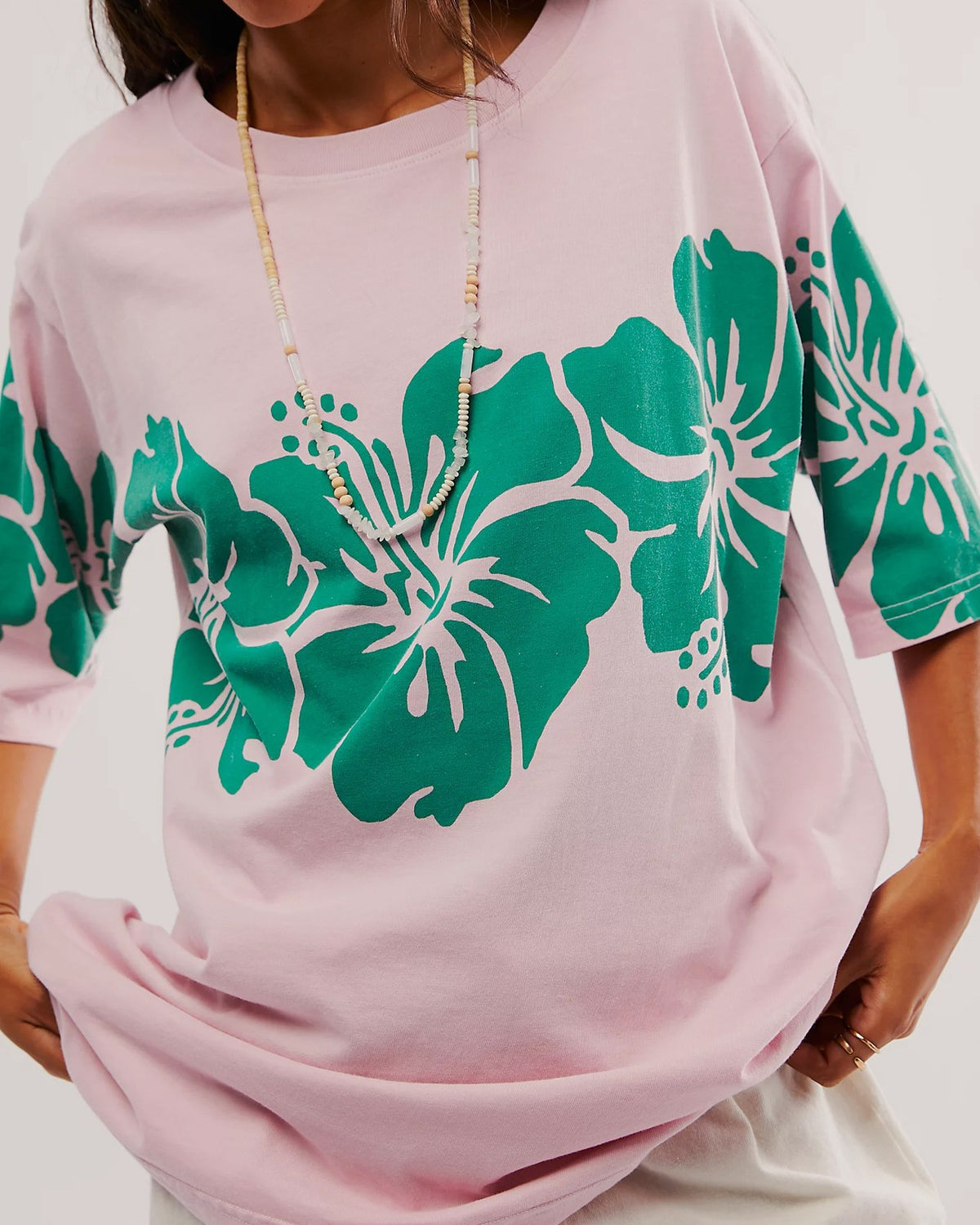 Oversized Hibiscus Print Drop Shoulder Tee - Green