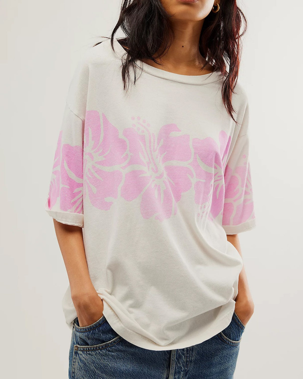 Oversized Hibiscus Print Drop Shoulder Tee - Pink - 1