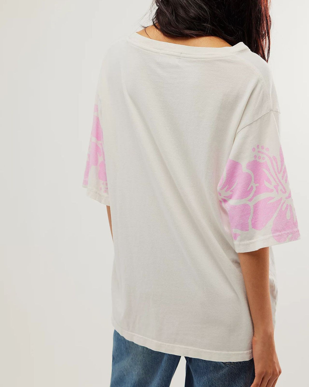 Oversized Hibiscus Print Drop Shoulder Tee - Pink - 2