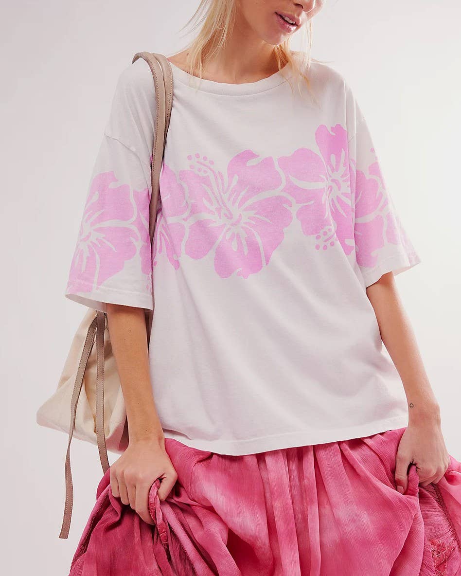 Oversized Hibiscus Print Drop Shoulder Tee