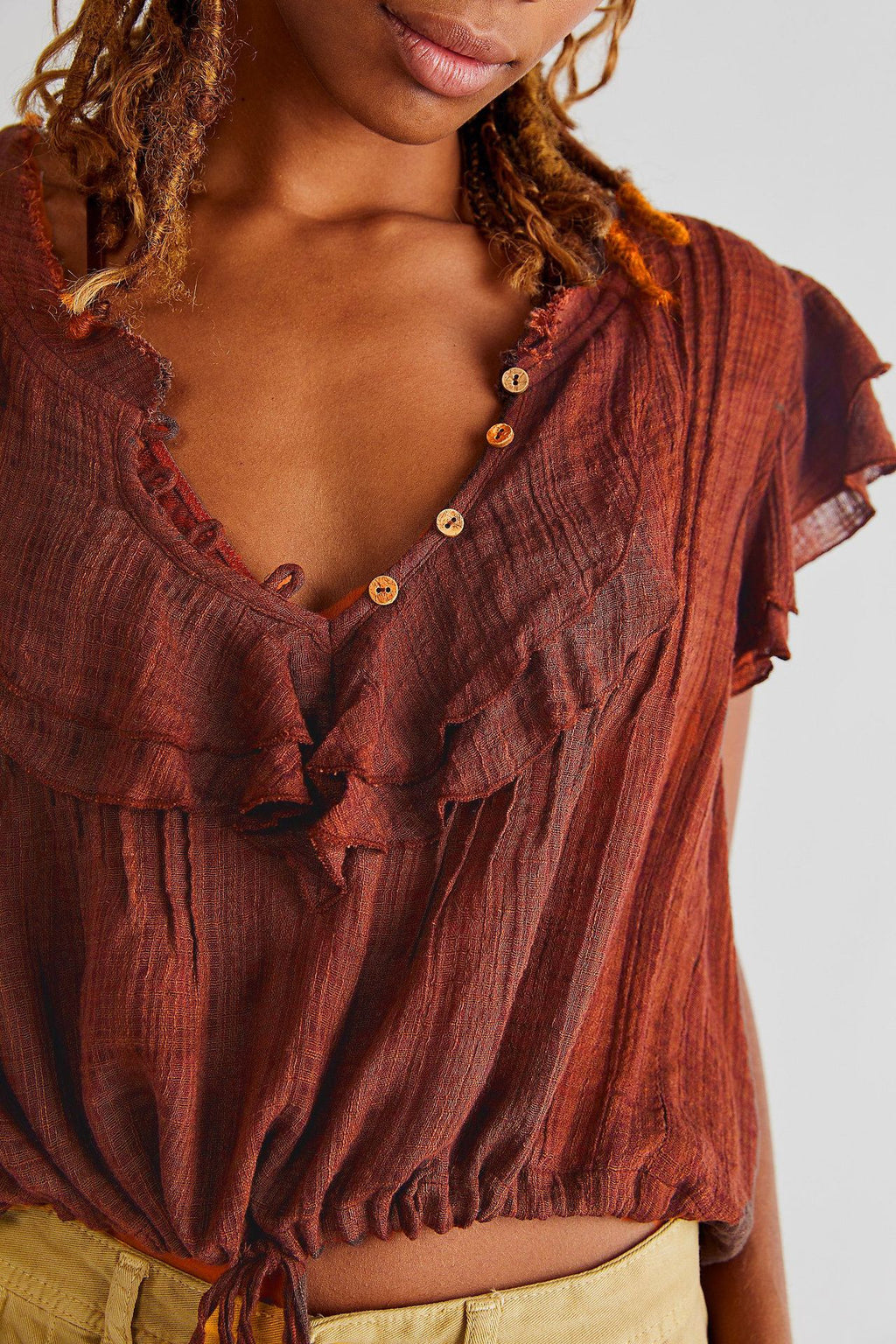 Boho V-Neck Crinkle Gauze Ruffle Blouse - Caramel