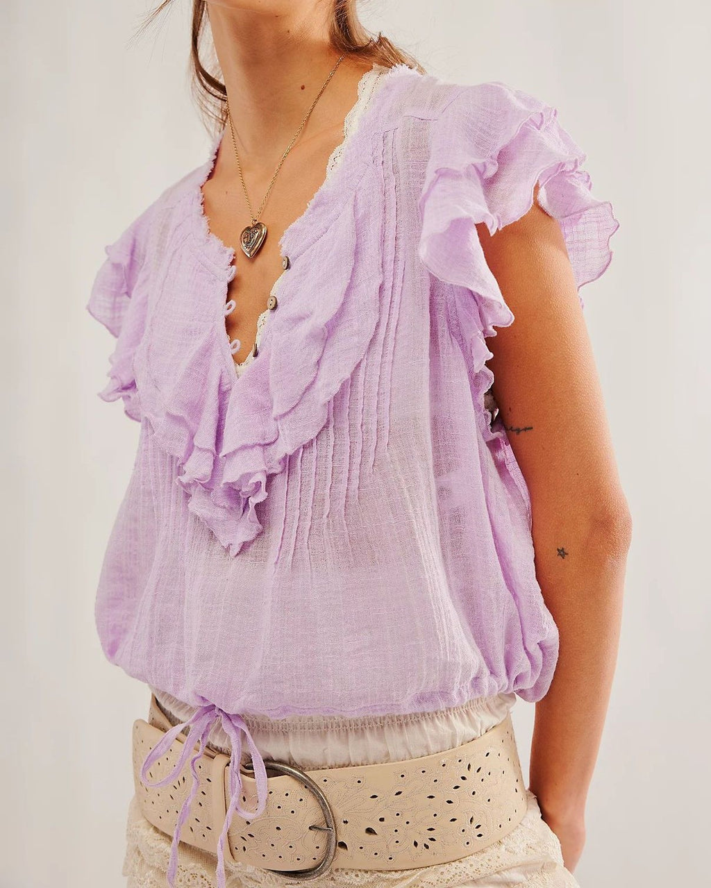 Boho V-Neck Crinkle Gauze Ruffle Blouse - Lavender