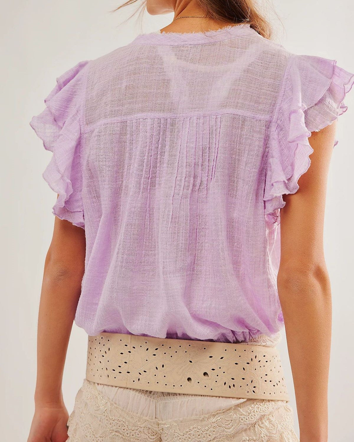 Boho V-Neck Crinkle Gauze Ruffle Blouse - Lavender - 1