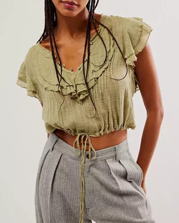 Boho V-Neck Crinkle Gauze Ruffle Blouse - Matcha