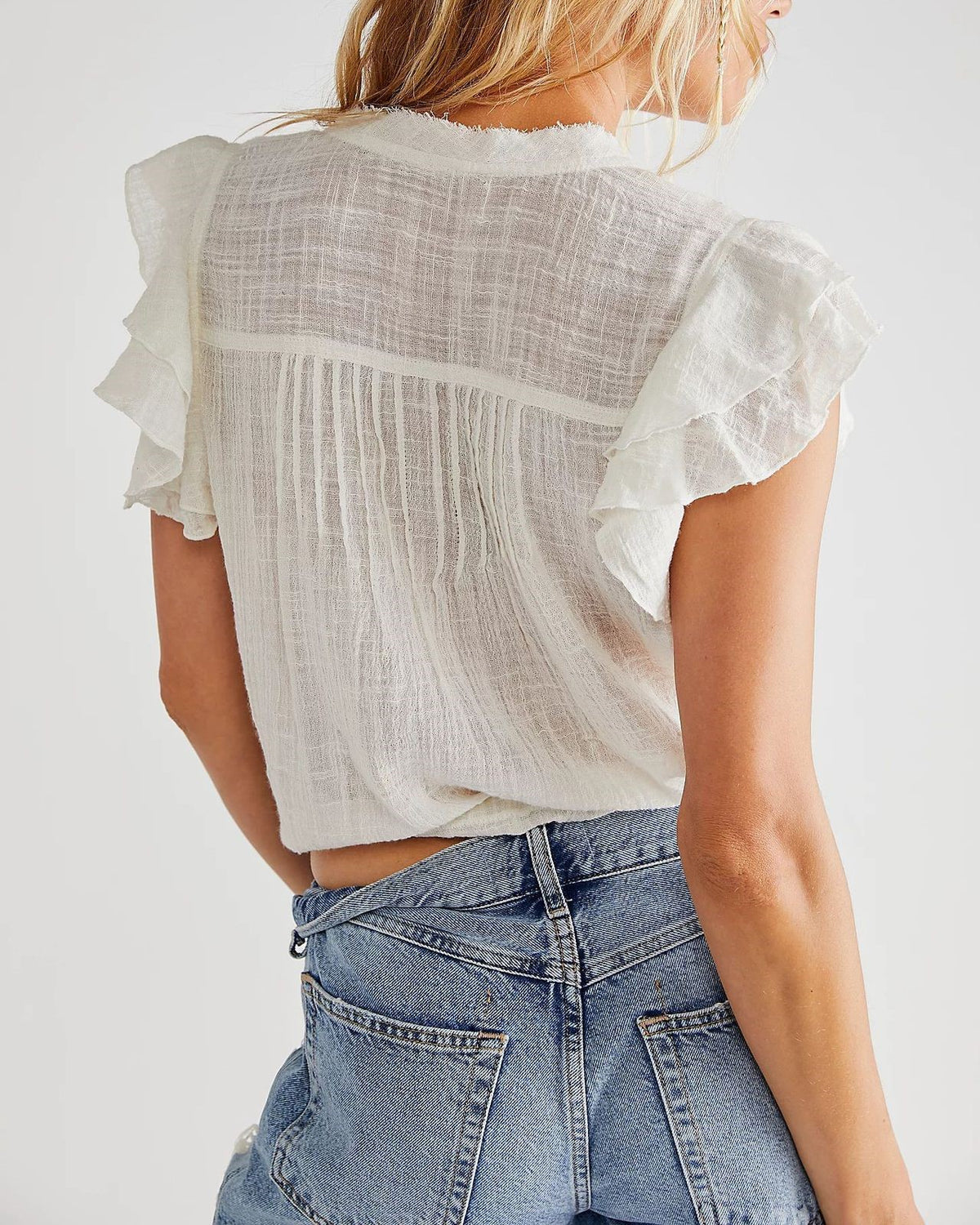 Boho V-Neck Crinkle Gauze Ruffle Blouse - White - 2