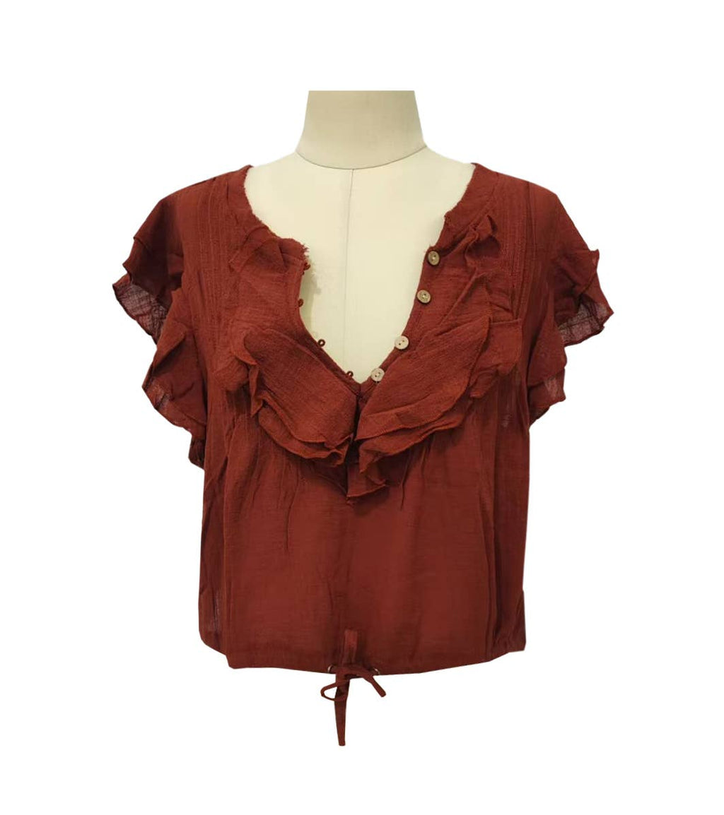 Boho V-Neck Crinkle Gauze Ruffle Blouse
