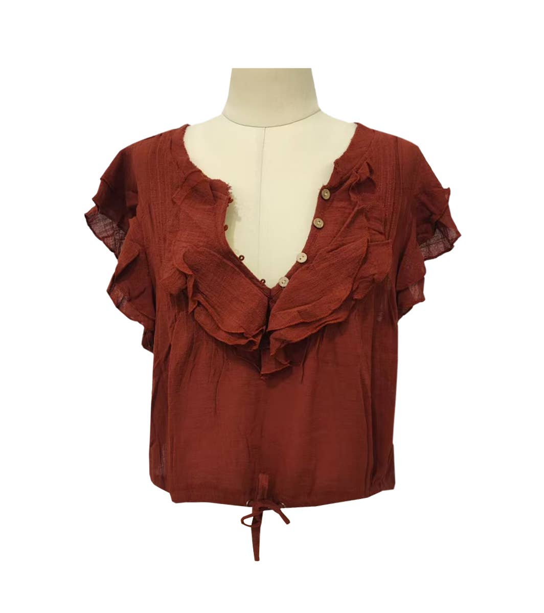 Boho V-Neck Crinkle Gauze Ruffle Blouse