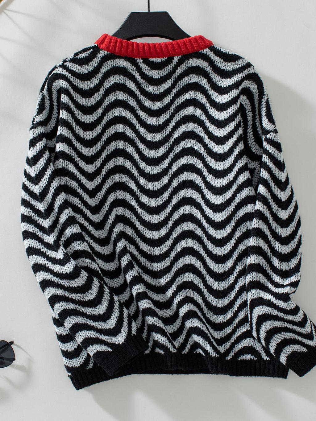 Wavy Stripe Contrast Trim Knit Sweater - Black - 1