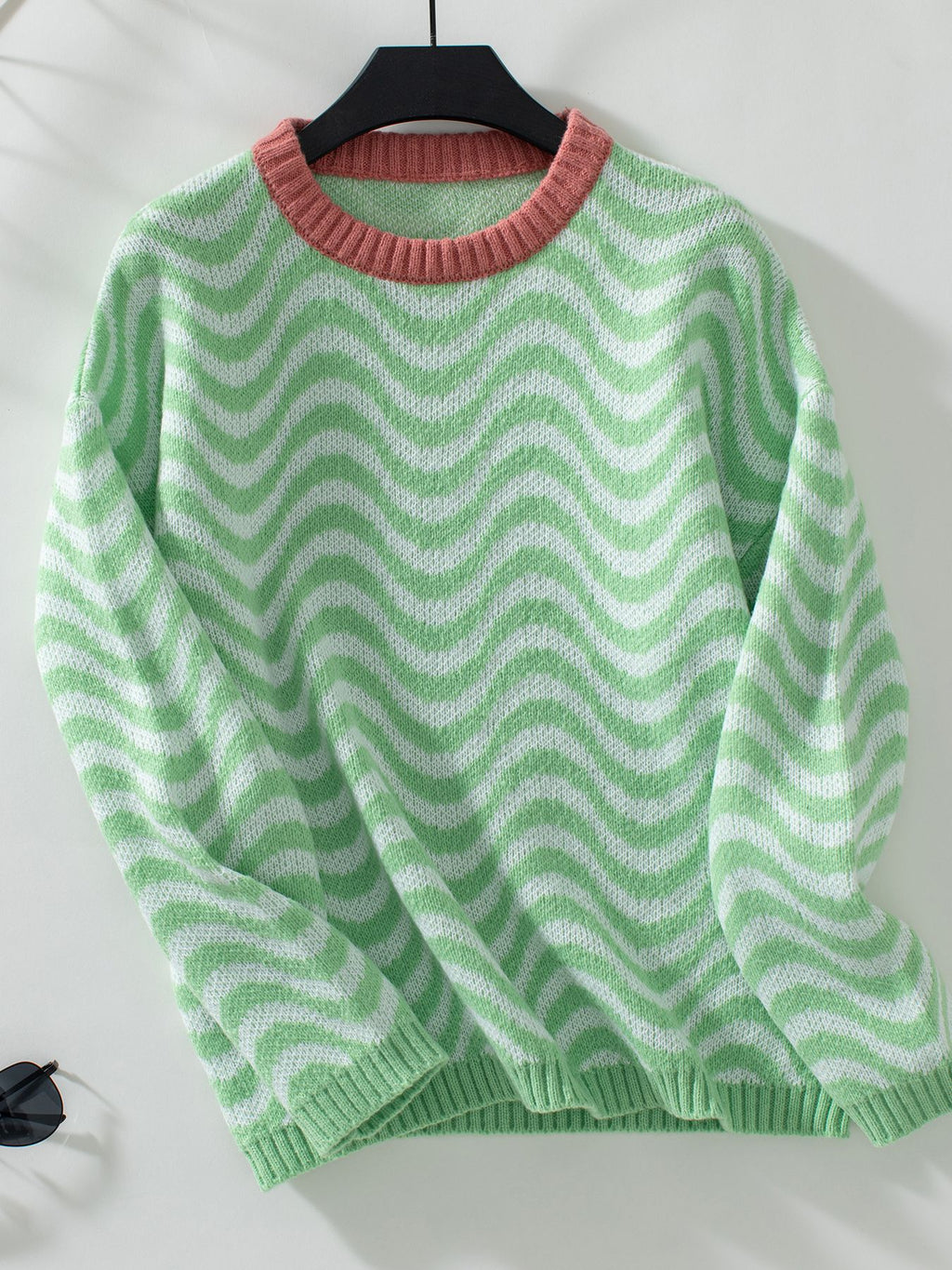 Wavy Stripe Contrast Trim Knit Sweater - Green
