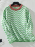 Wavy Stripe Contrast Trim Knit Sweater - Green