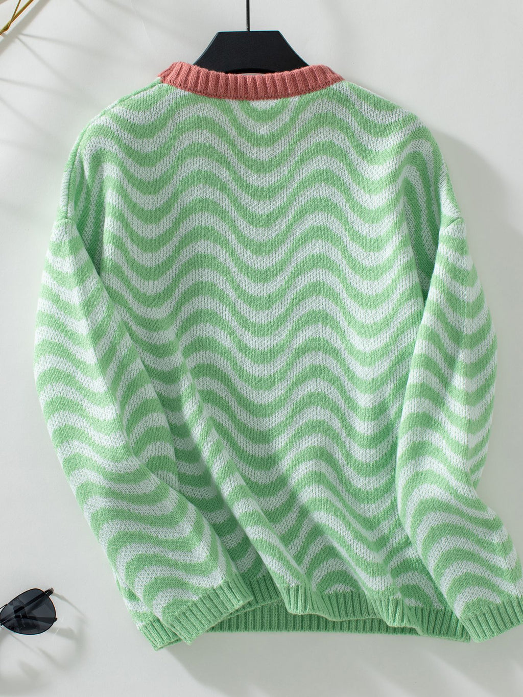 Wavy Stripe Contrast Trim Knit Sweater - Green - 1