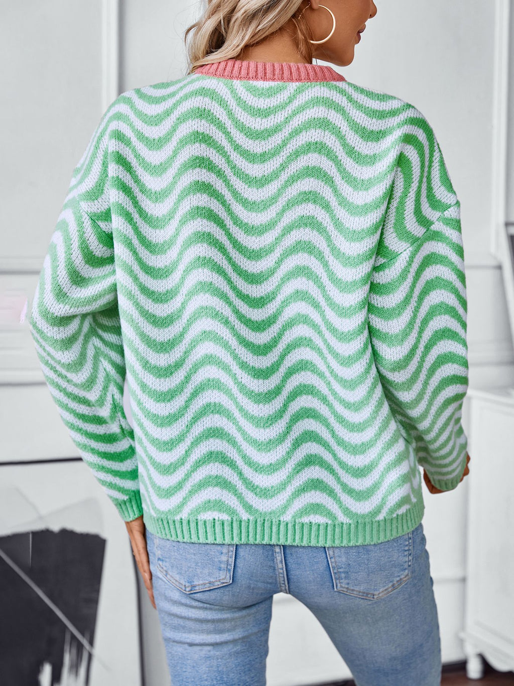 Wavy Stripe Contrast Trim Knit Sweater - Green - 2