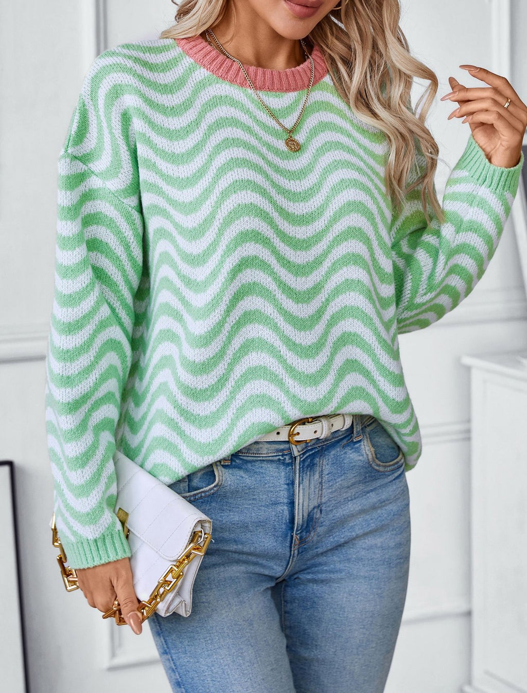 Wavy Stripe Contrast Trim Knit Sweater - Green - 5