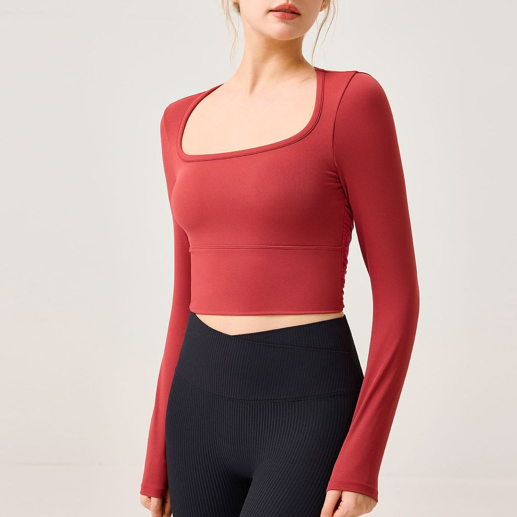 Mesh Cutout Back Ruched Long Sleeve Crop Yoga Top - Cherry Red