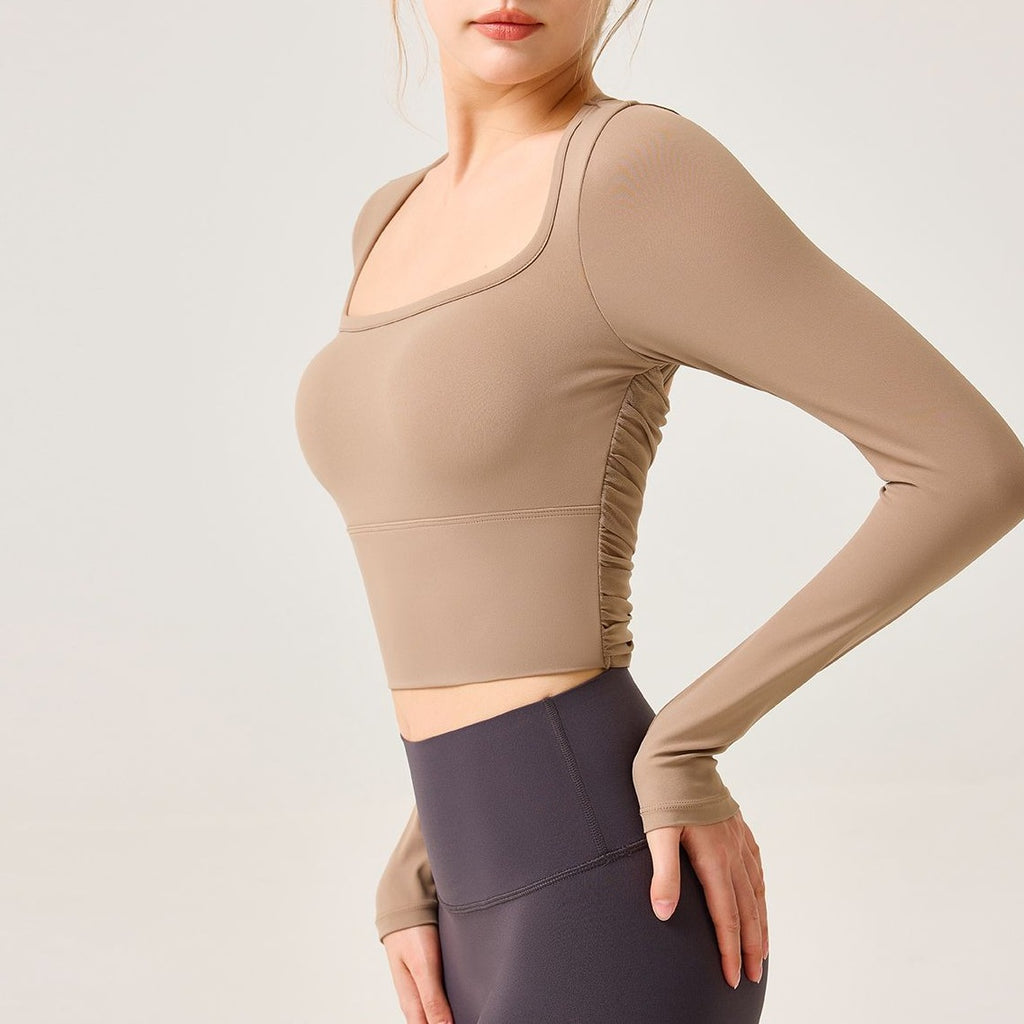 Mesh Cutout Back Ruched Long Sleeve Crop Yoga Top - Mocha