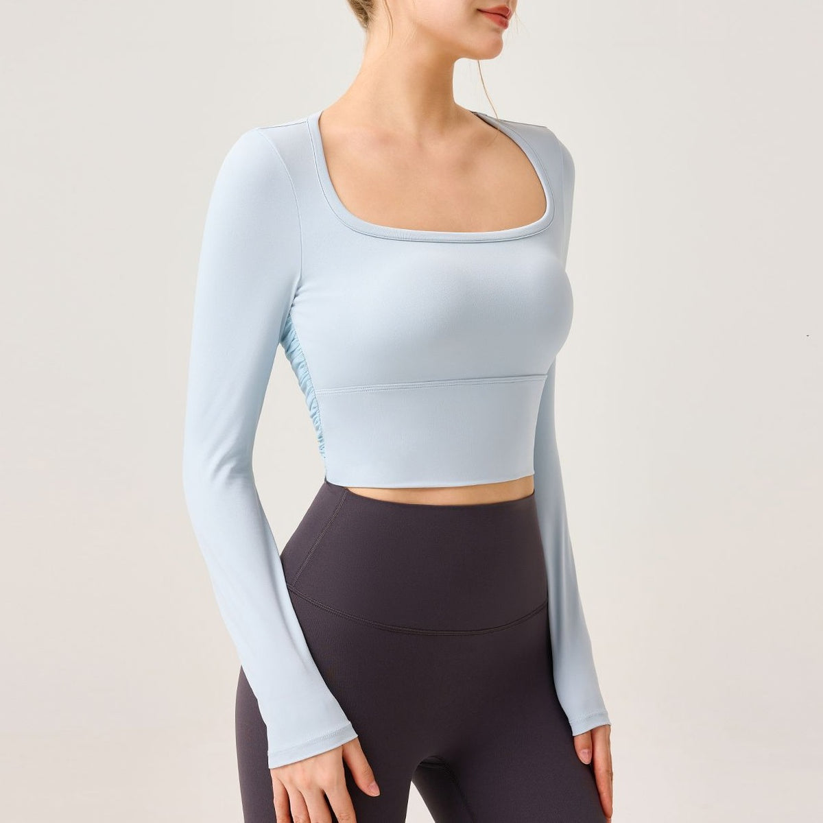 Mesh Cutout Back Ruched Long Sleeve Crop Yoga Top