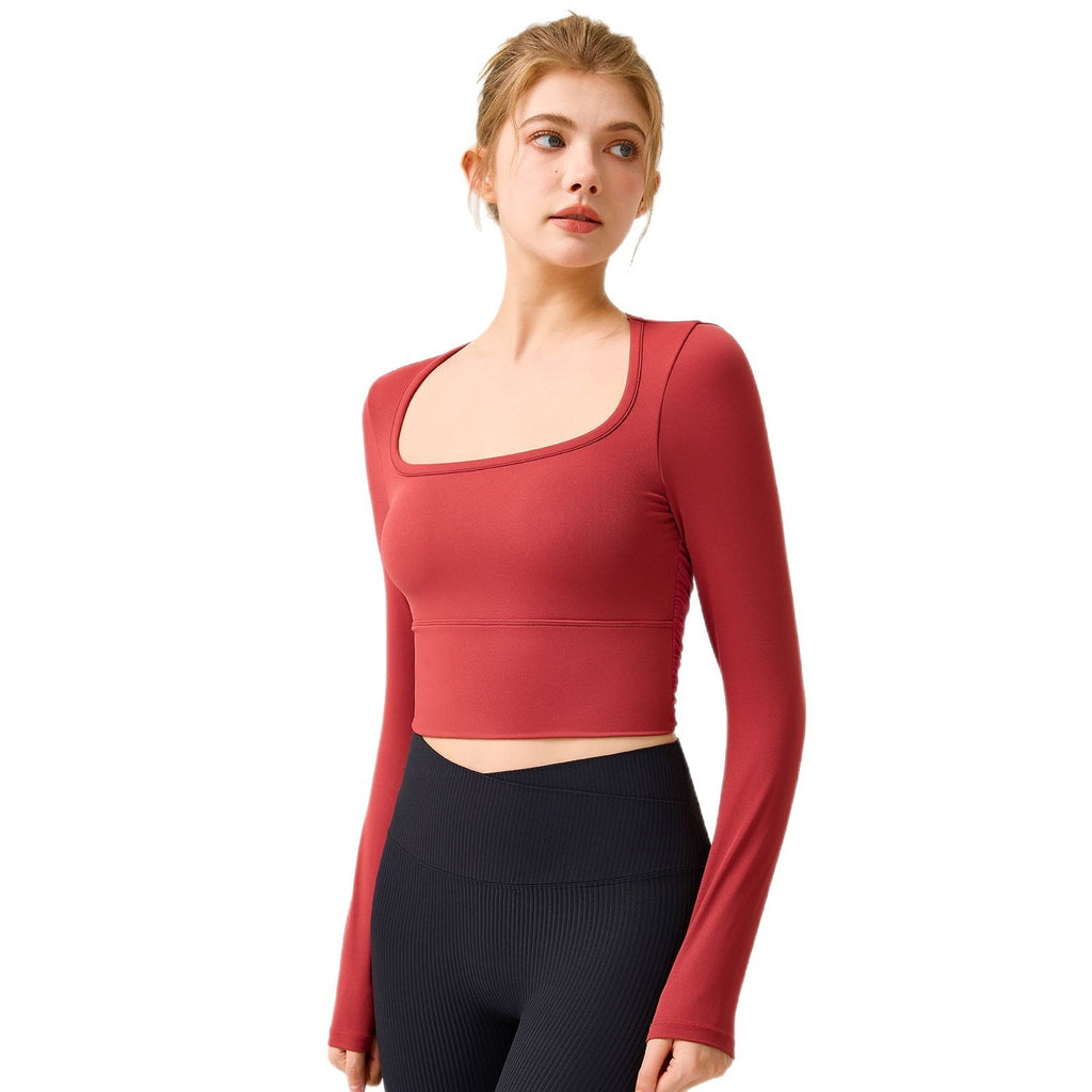 Mesh Cutout Back Ruched Long Sleeve Crop Yoga Top