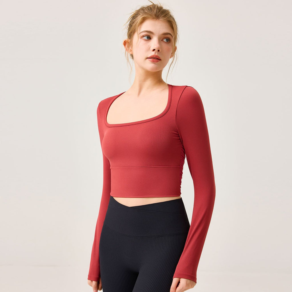 Mesh Cutout Back Ruched Long Sleeve Crop Yoga Top