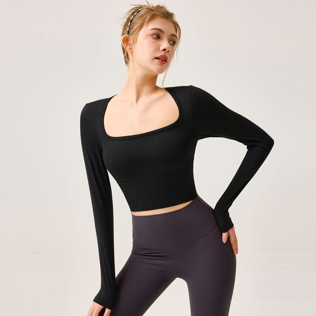 Mesh Cutout Back Ruched Long Sleeve Crop Yoga Top