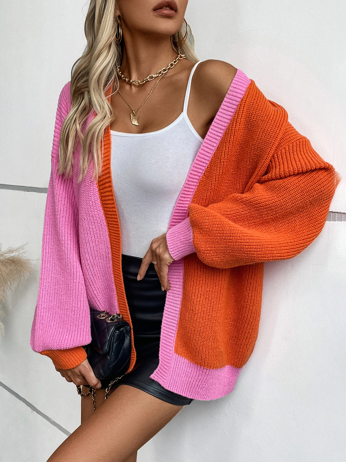 Color Block Longline Open Front Cardigan - Orange