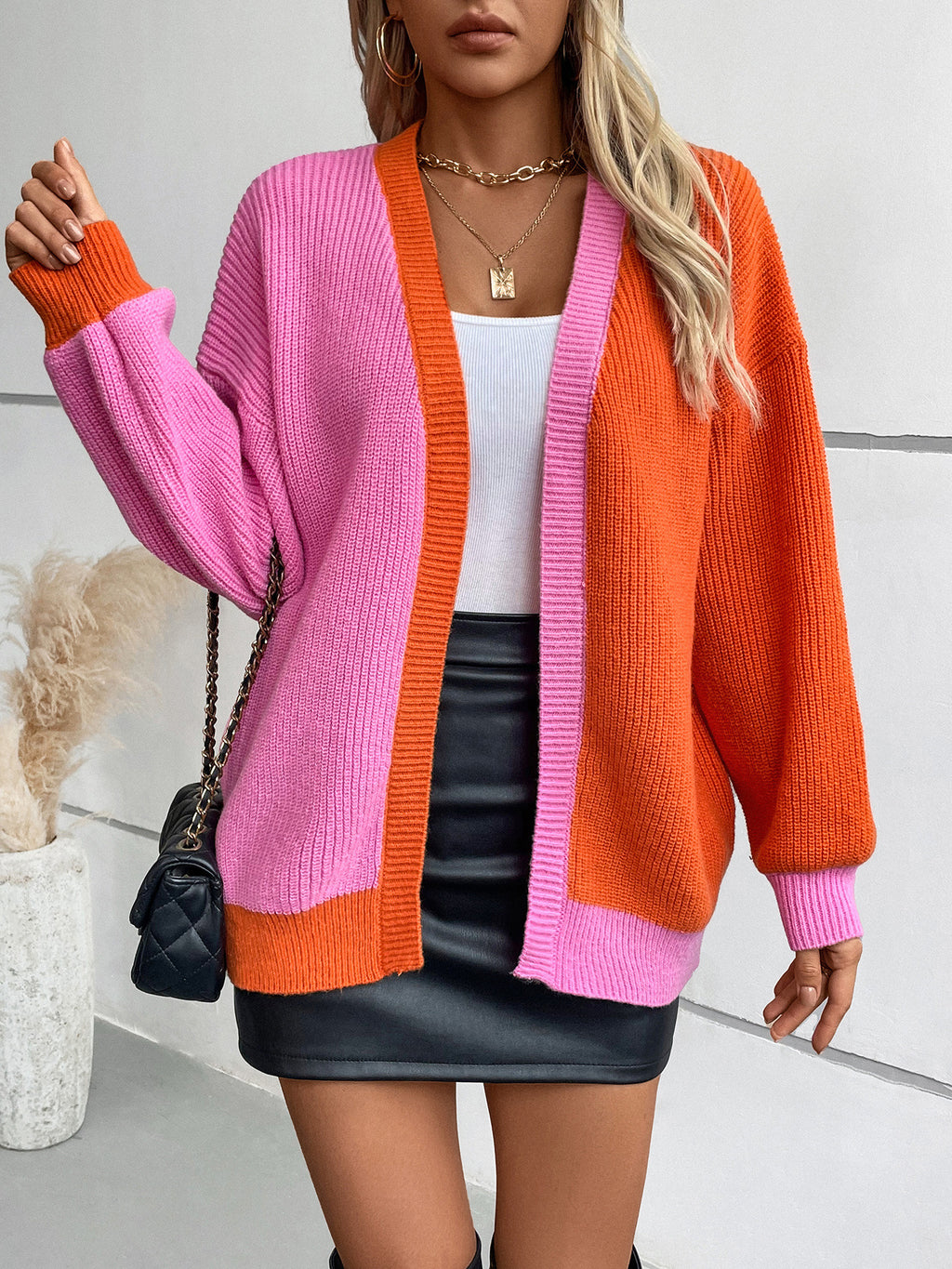 Color Block Longline Open Front Cardigan - Orange - 7