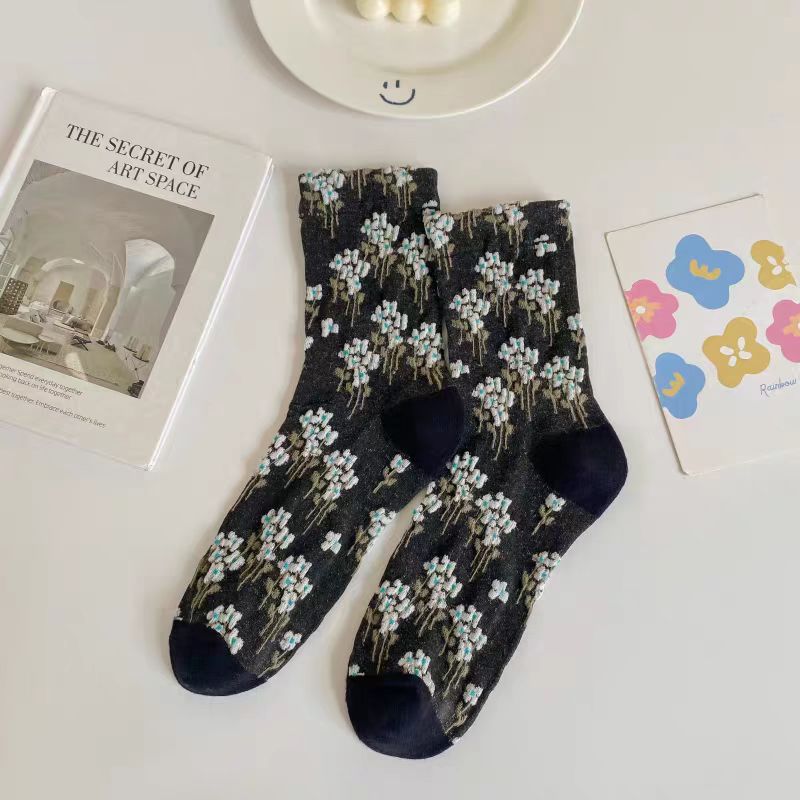 Raised Floral Sheer Crew Socks - Black