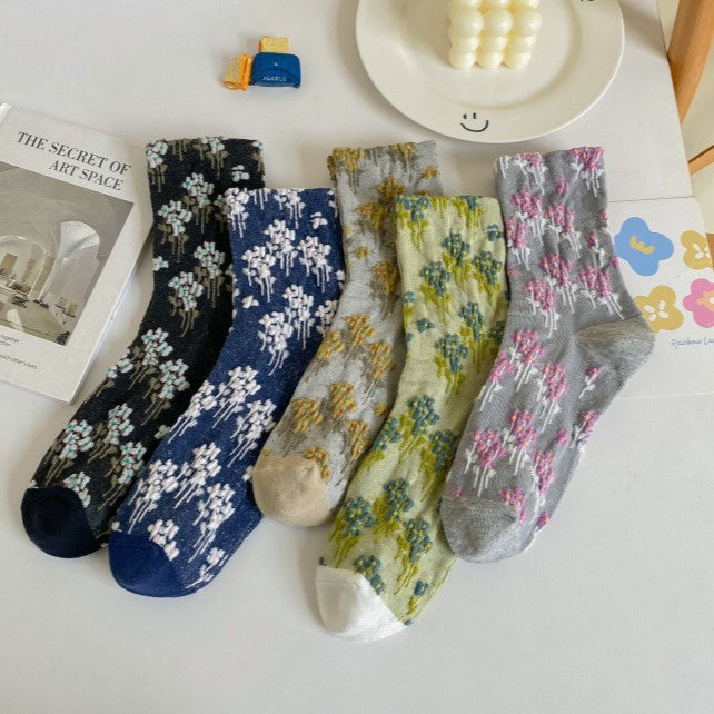 Raised Floral Sheer Crew Socks - Coffee