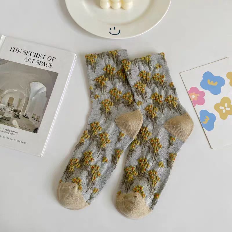 Raised Floral Sheer Crew Socks - Coffee - 1