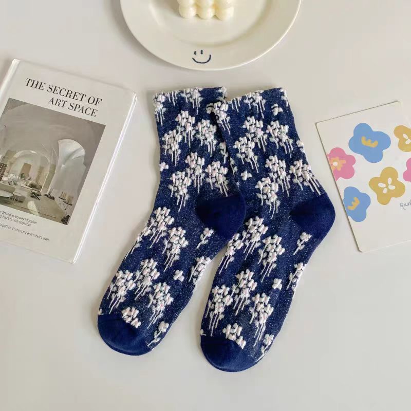 Raised Floral Sheer Crew Socks - Navy