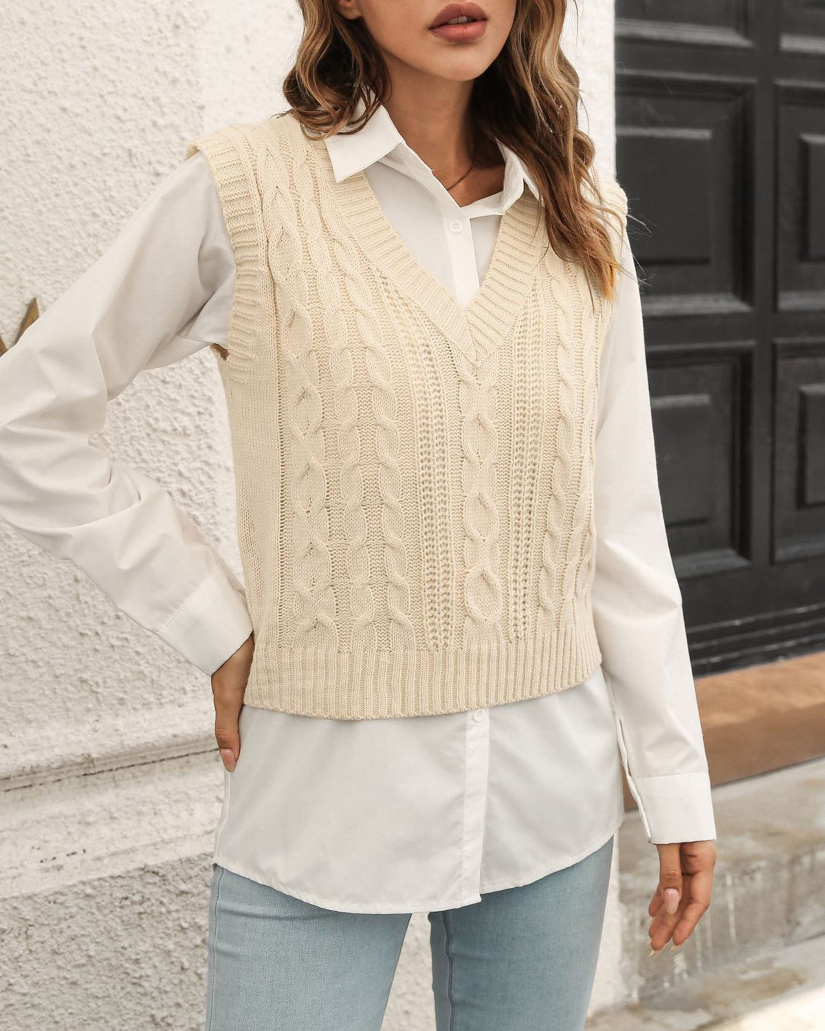 Cable Knit V Neck Sweater Vest - Apricot