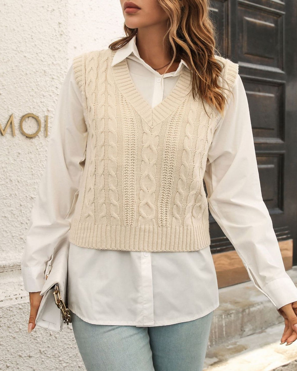 Cable Knit V Neck Sweater Vest - Apricot - 2