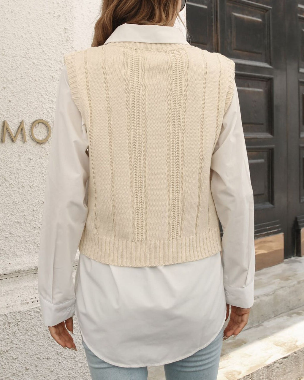 Cable Knit V Neck Sweater Vest - Apricot - 3